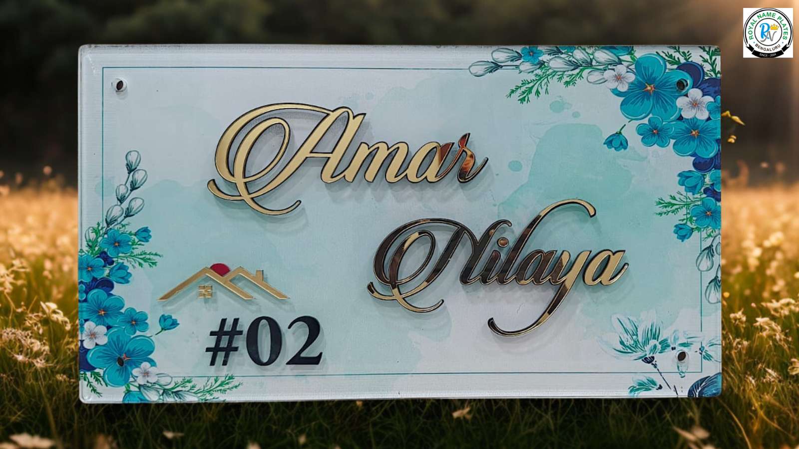 Floral White Acrylic Name Plate with Golden Text
