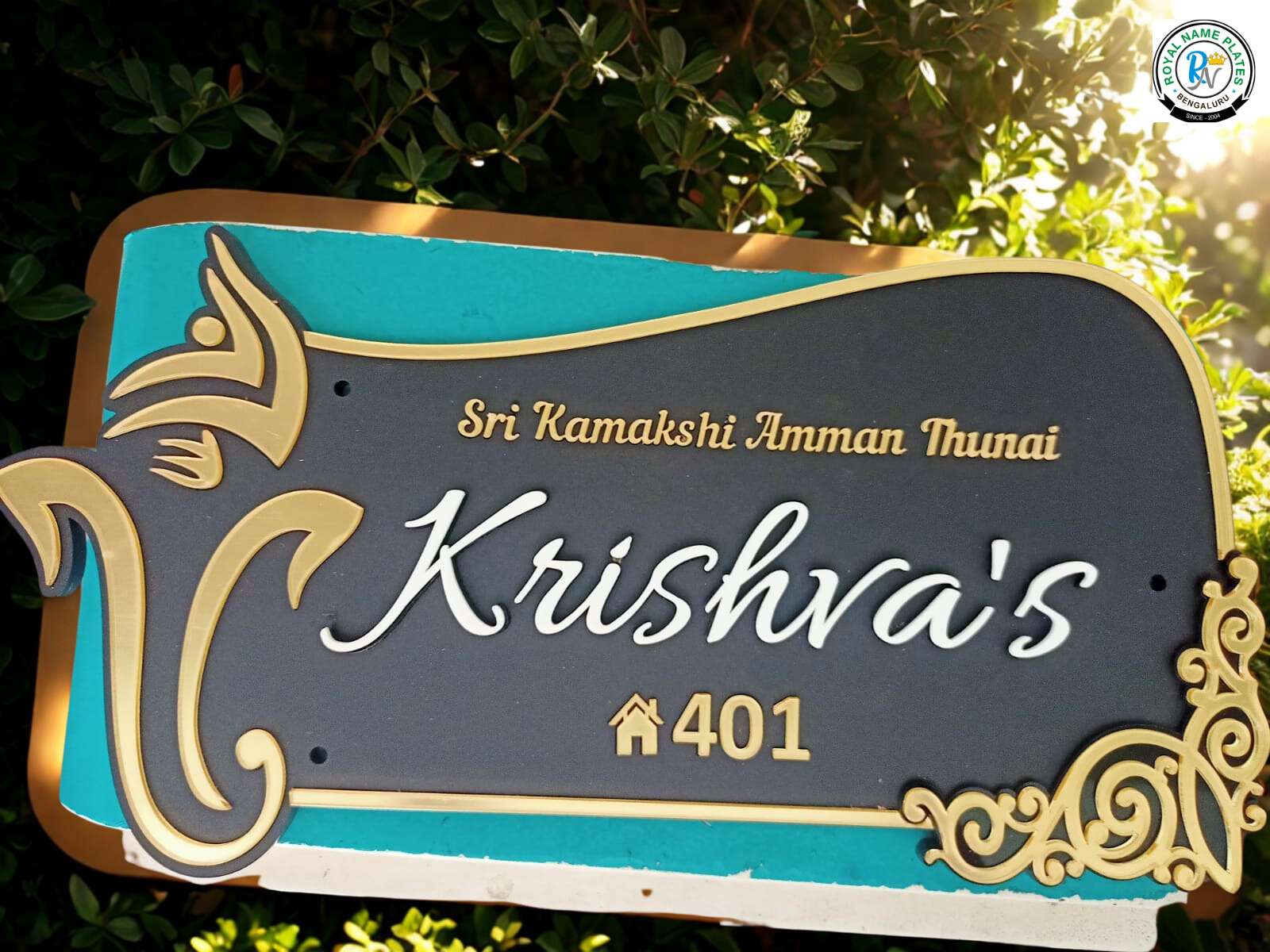 Krishva’s Matte Black Acrylic Name Plate – Lord Ganapathi Design