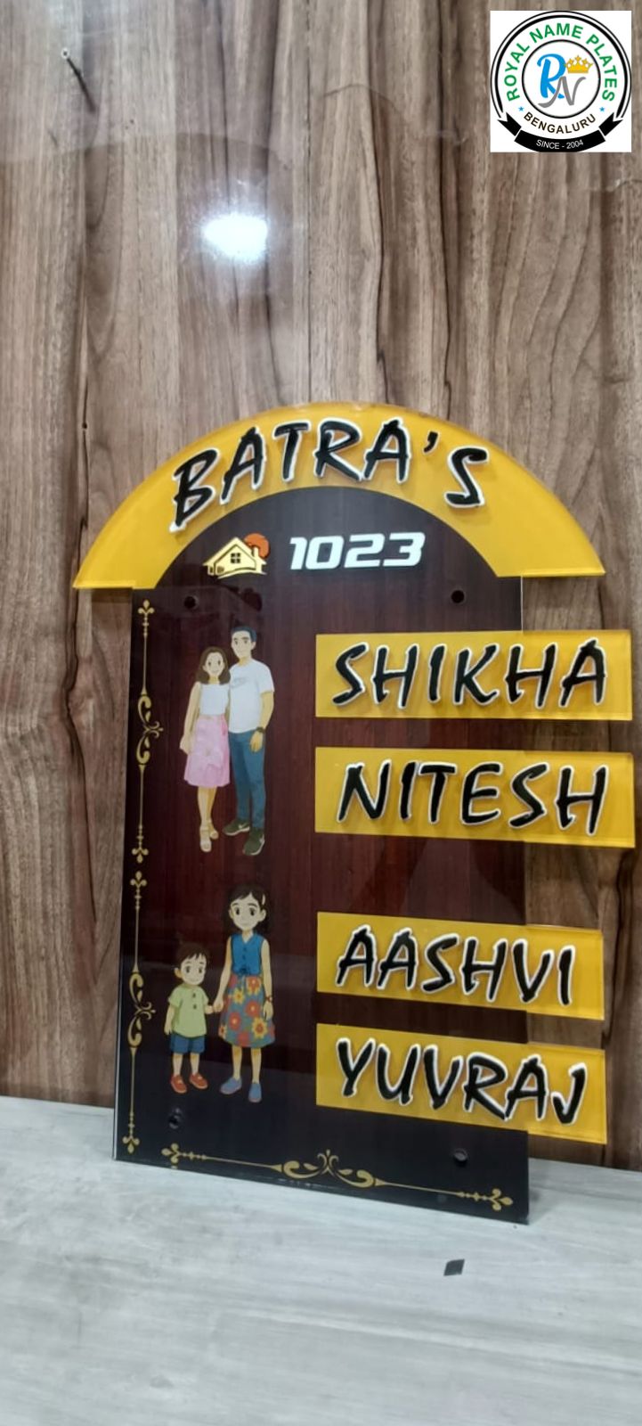 Acrylic House Name Plate with Wooden Background & Family Design