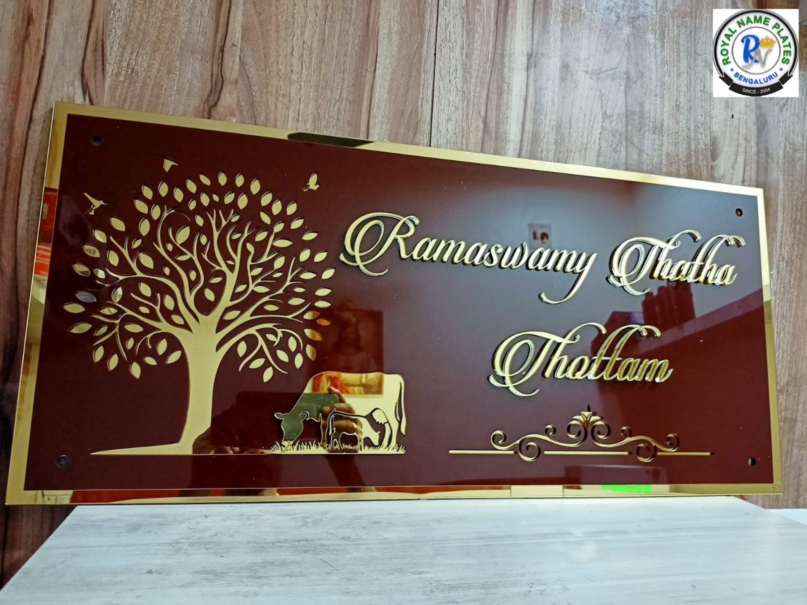 Acrylic House Name Plate with Golden Tree & Cow-Calf Design