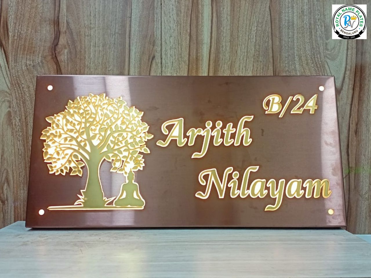 Copper Gold Illuminated House Name Plate with Buddha Design