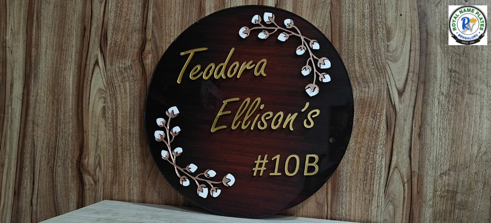 Circular Acrylic House Name Plate with Golden Text & Floral Design