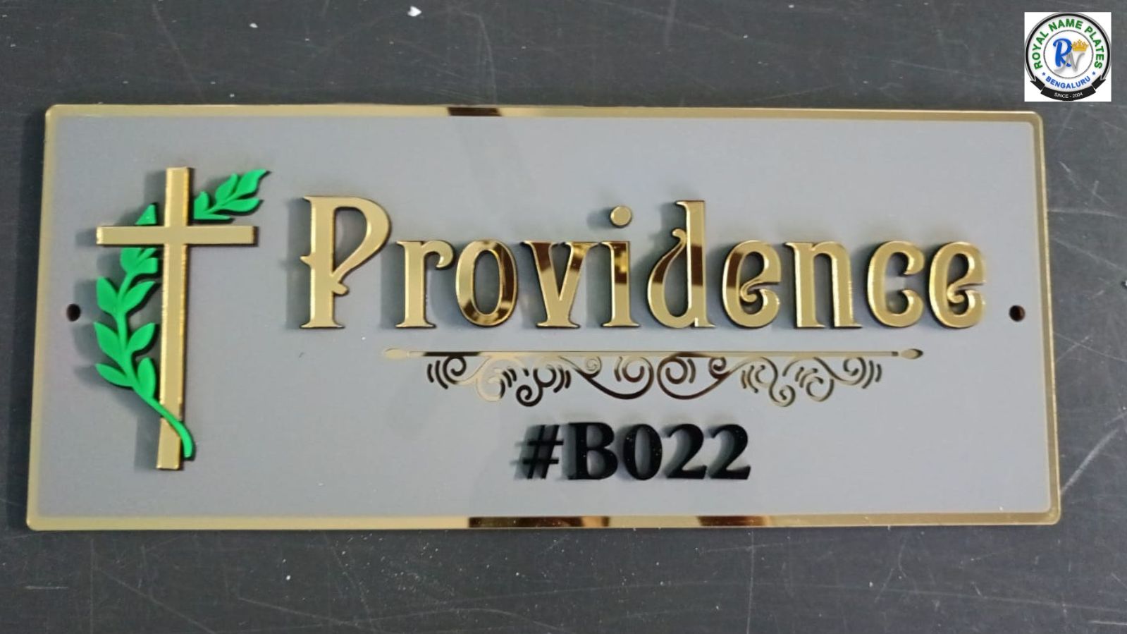 Christian House Name Plate with Golden & Black Embossed Text, Cross & Leafy Design