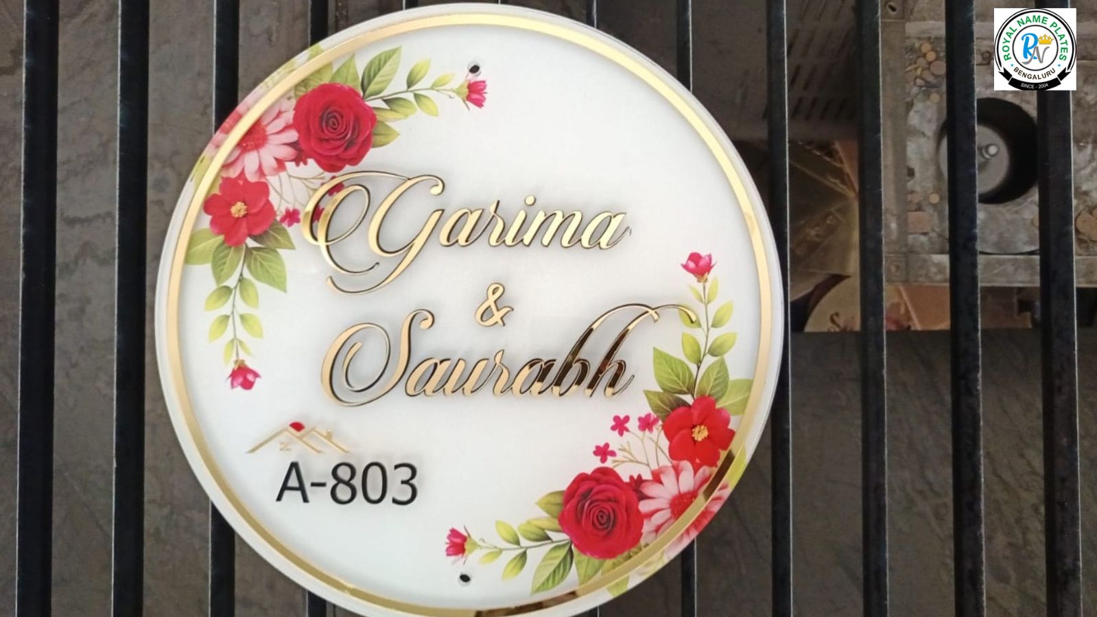 Circular Acrylic House Name Plate with Floral Design & Golden Border