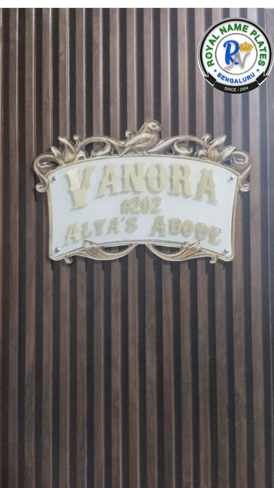 Elegant Brass House Name Plate with Floral Crest Design