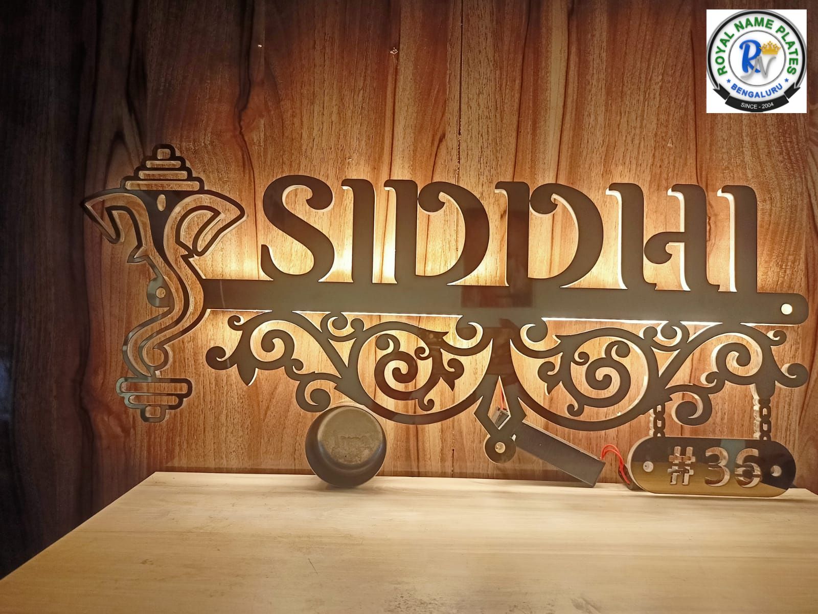 Illuminated Acrylic House Name Plate with Vigneshwara & Floral Motif