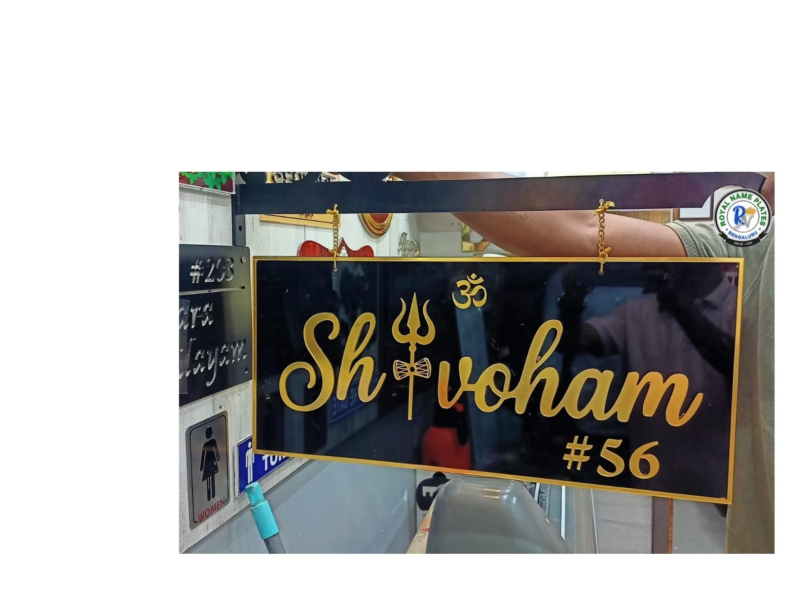 Premium Glossy Acrylic Hanging House Name Plate with Om & Trishul