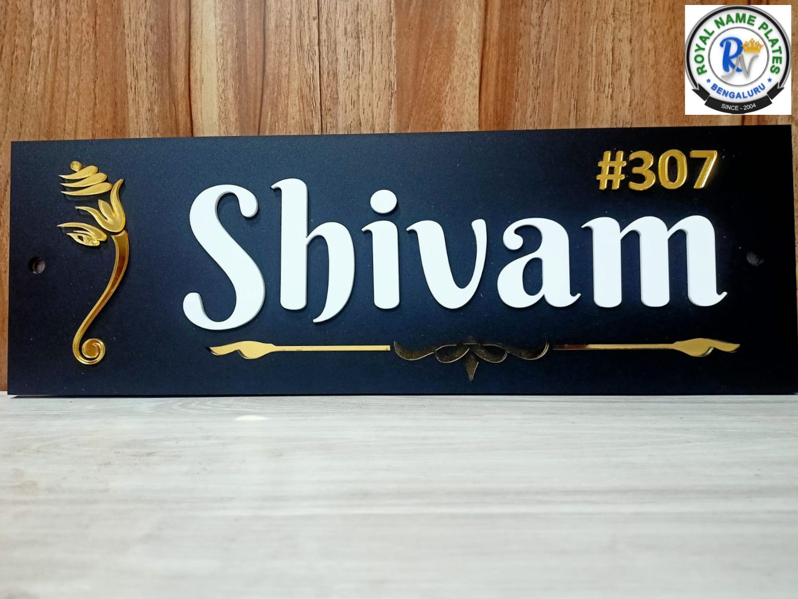 Matte Black House Name Plate with Golden Gajamukha & Floral Accent