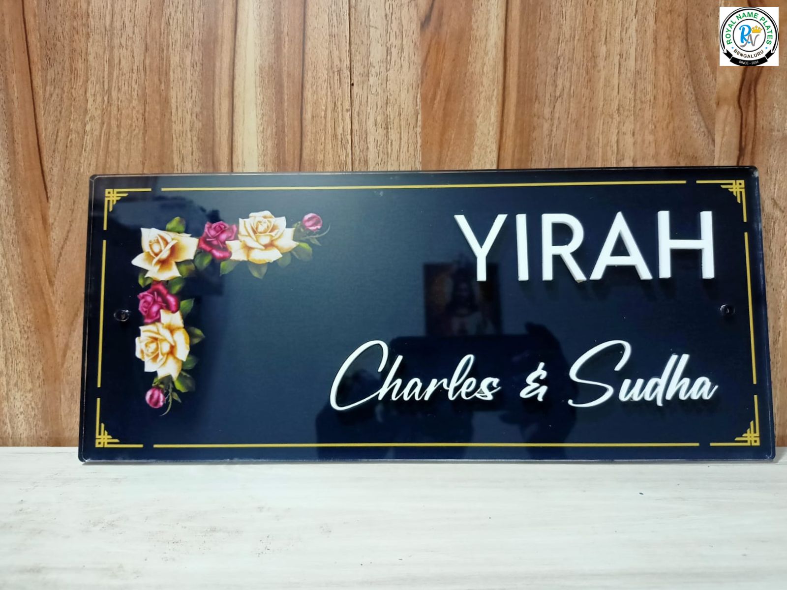 Matte Black Acrylic House Name Plate with Floral Corner Design