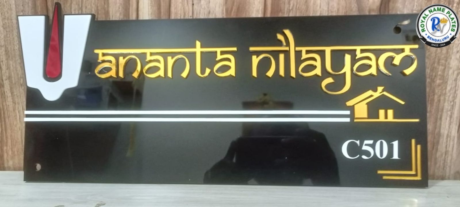 Glossy Black Acrylic House Name Plate with Sacred Nama Symbol