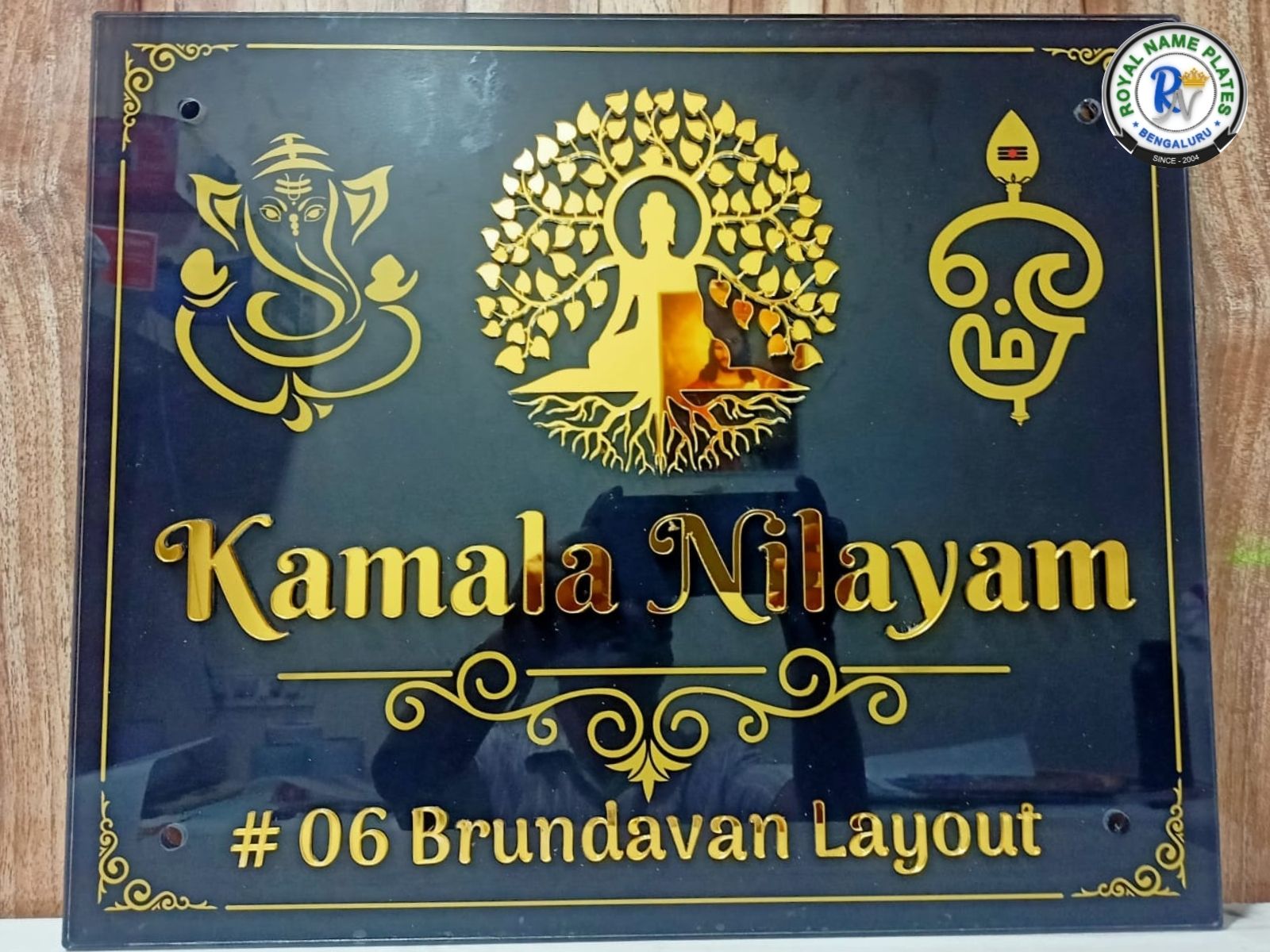 Matte Black Acrylic House Name Plate – Ganapathi, Buddha & Om Edition