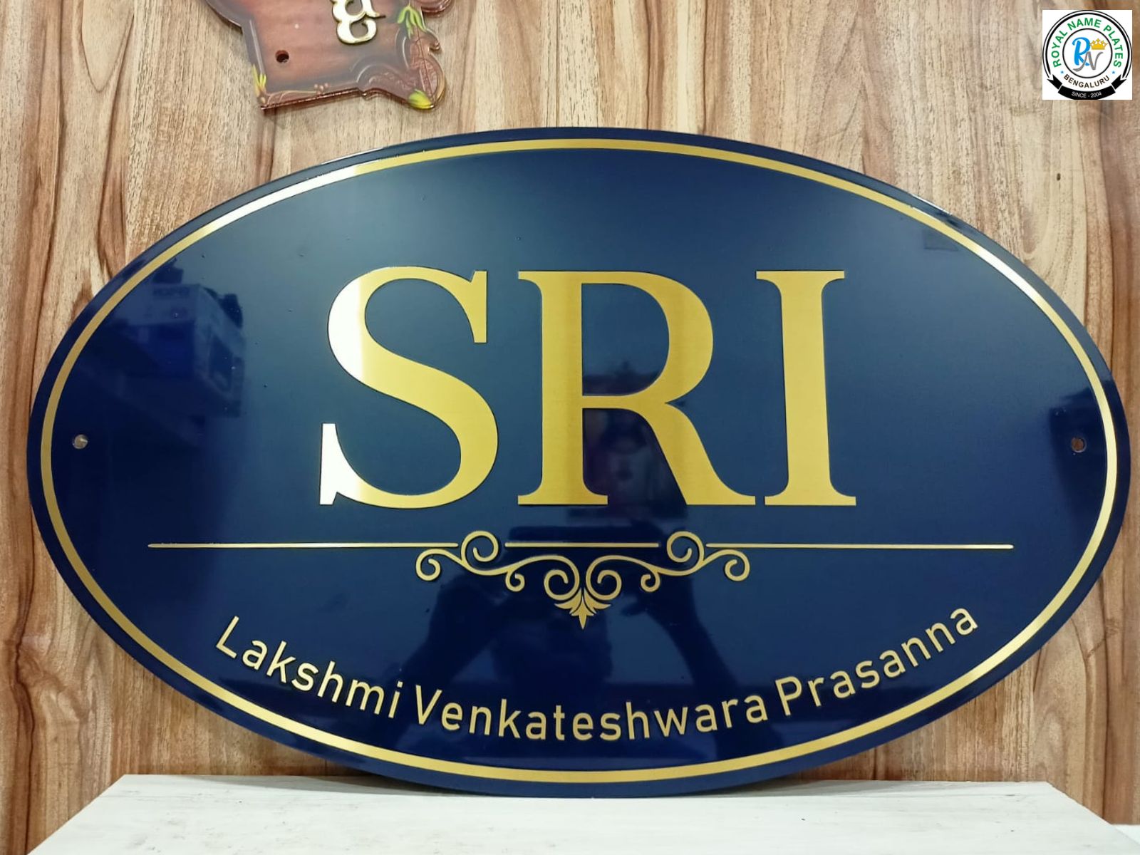 Oval Matte Black Acrylic House Name Plate with Golden Embossed Text