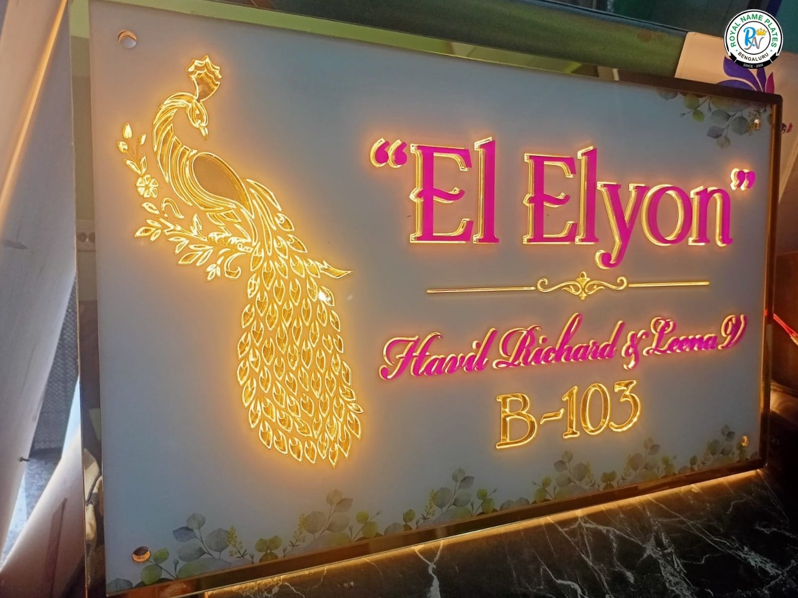 Illuminated Acrylic House Name Plate with Peacock & Golden Border