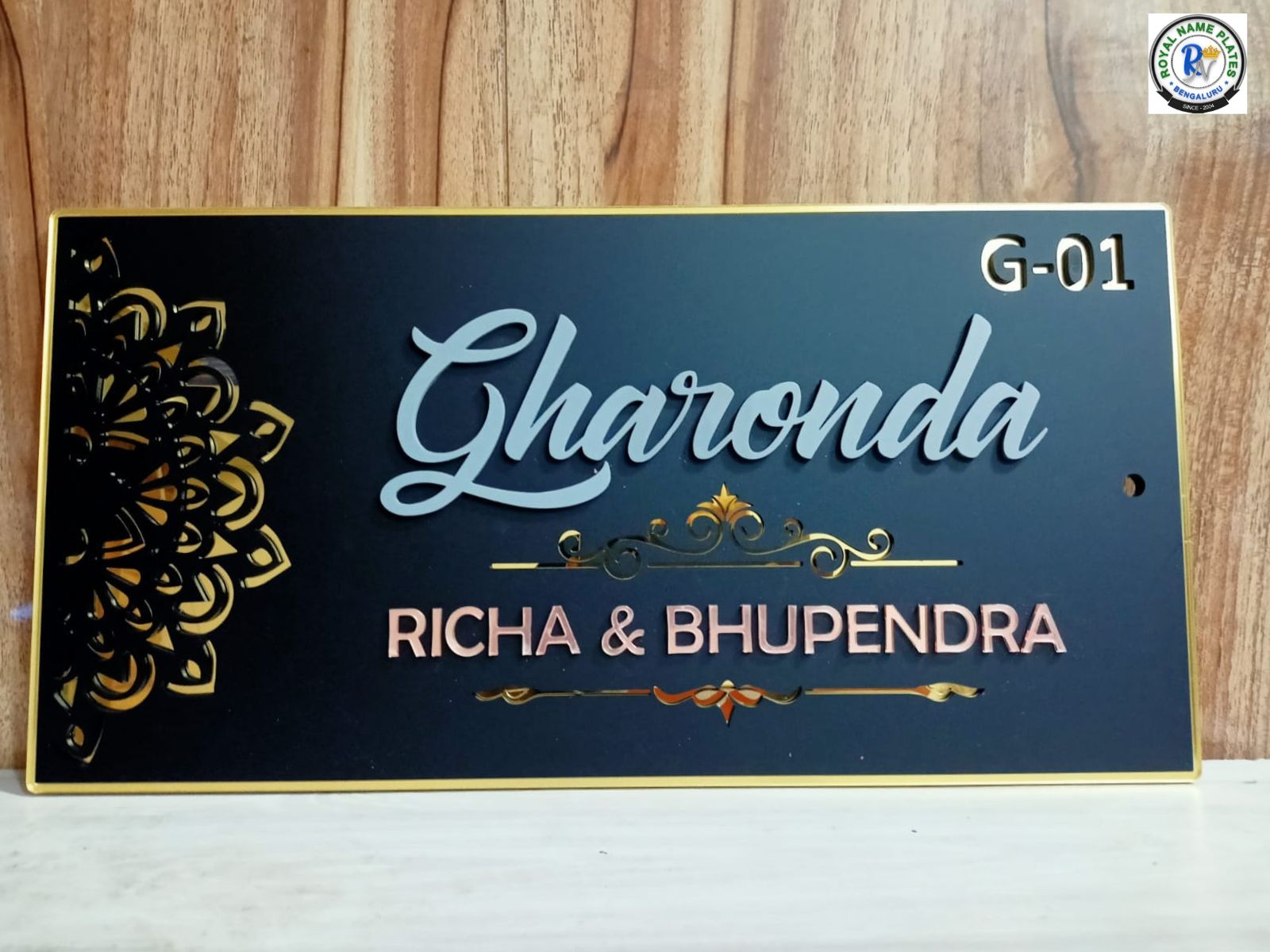 Matte Black Acrylic House Name Plate with Golden Geometric Design