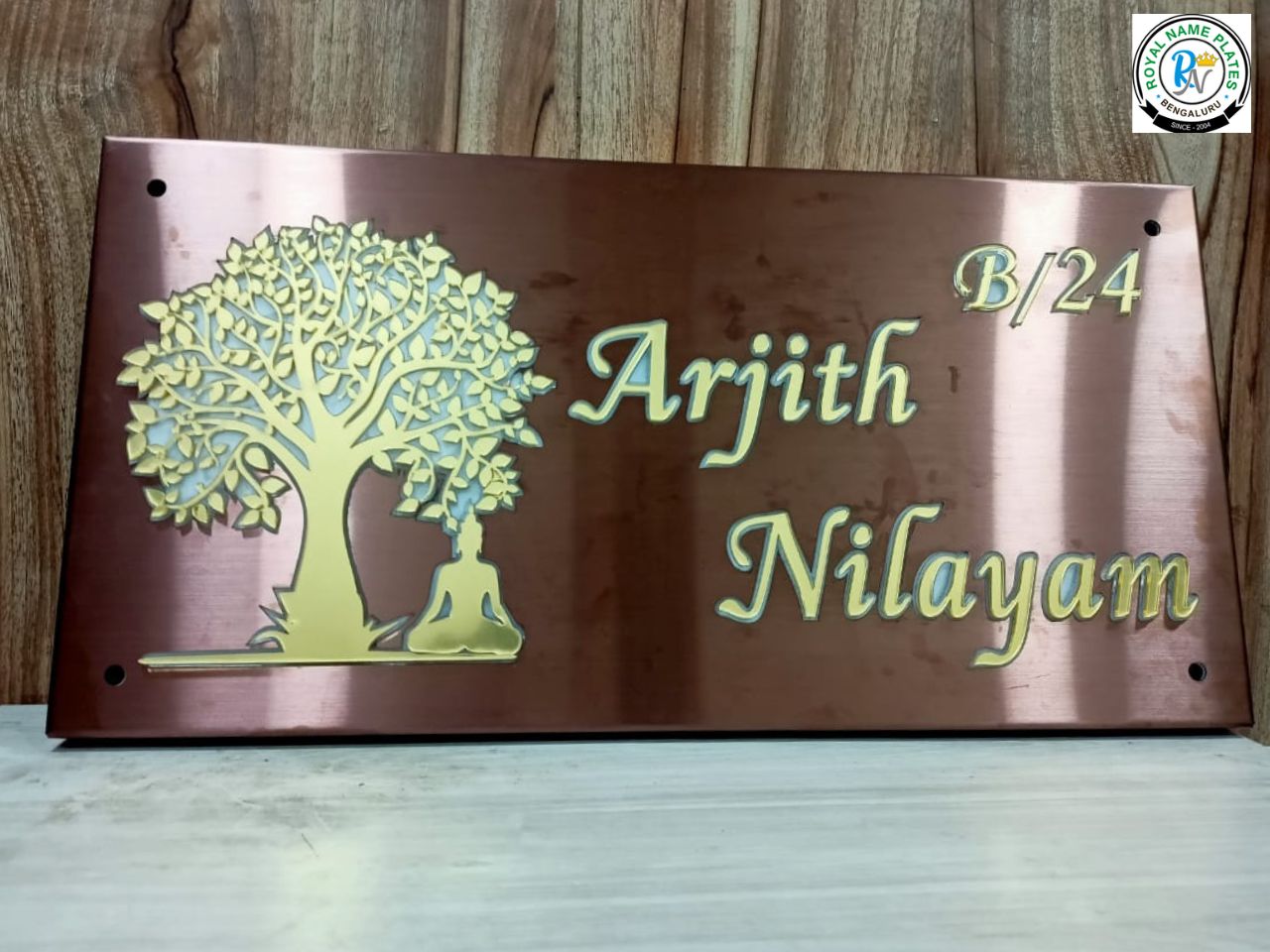 Copper Gold Illuminated House Name Plate with Buddha Design