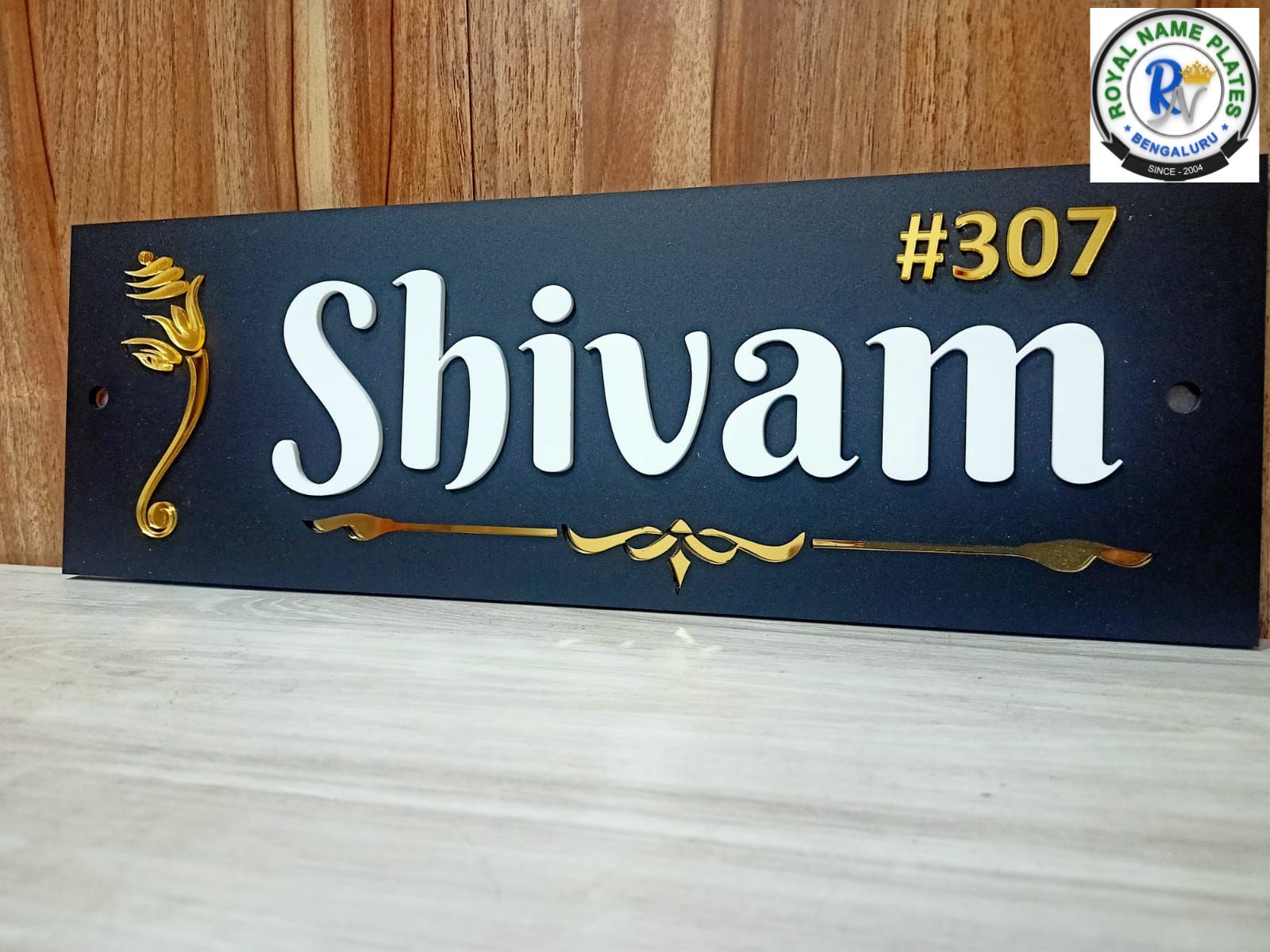 Matte Black House Name Plate with Golden Gajamukha & Floral Accent