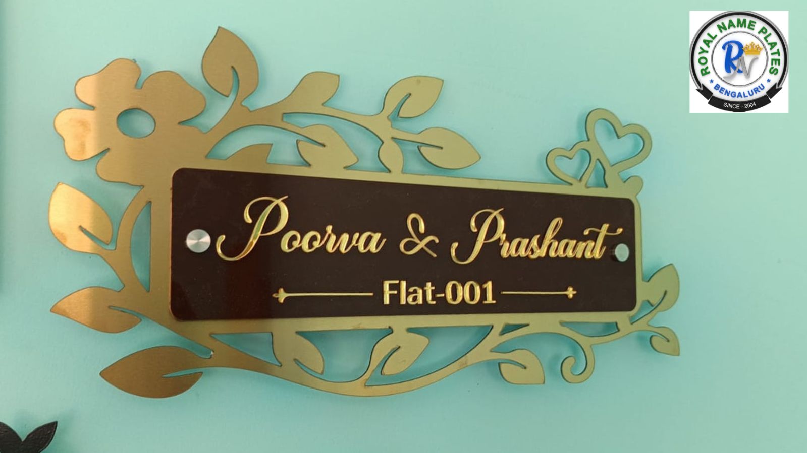 Floral-Themed Acrylic House Name Plate with Golden Text