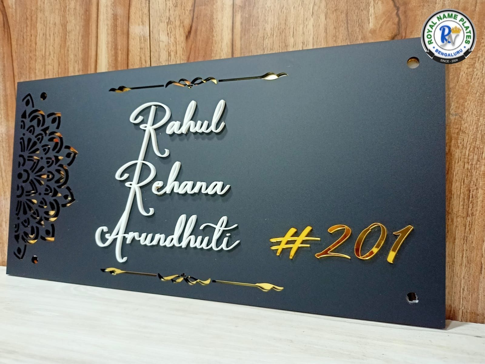 Elegant Matte Black Acrylic House Name Plate – Geometric Cut Design