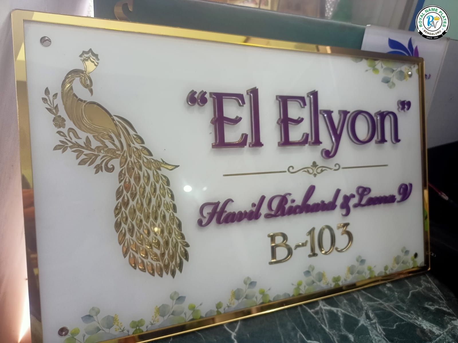 Illuminated Acrylic House Name Plate with Peacock & Golden Border