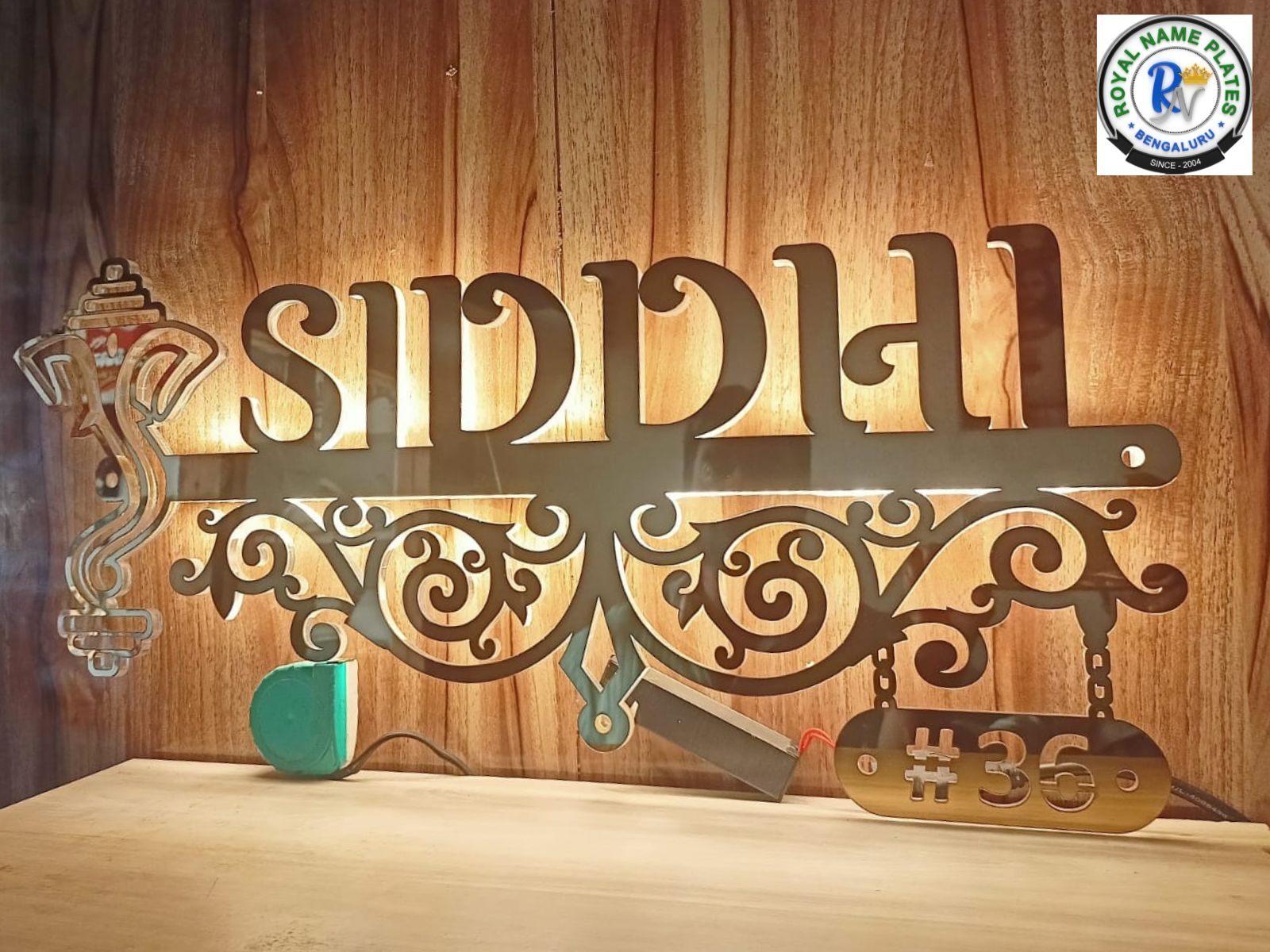 Illuminated Acrylic House Name Plate with Vigneshwara & Floral Motif