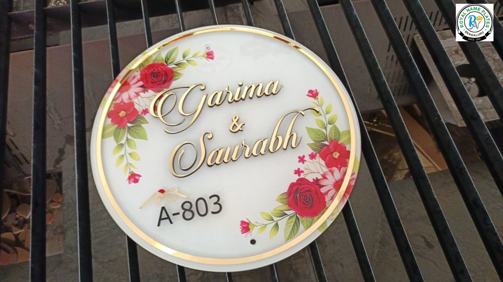 Circular Acrylic House Name Plate with Floral Design & Golden Border