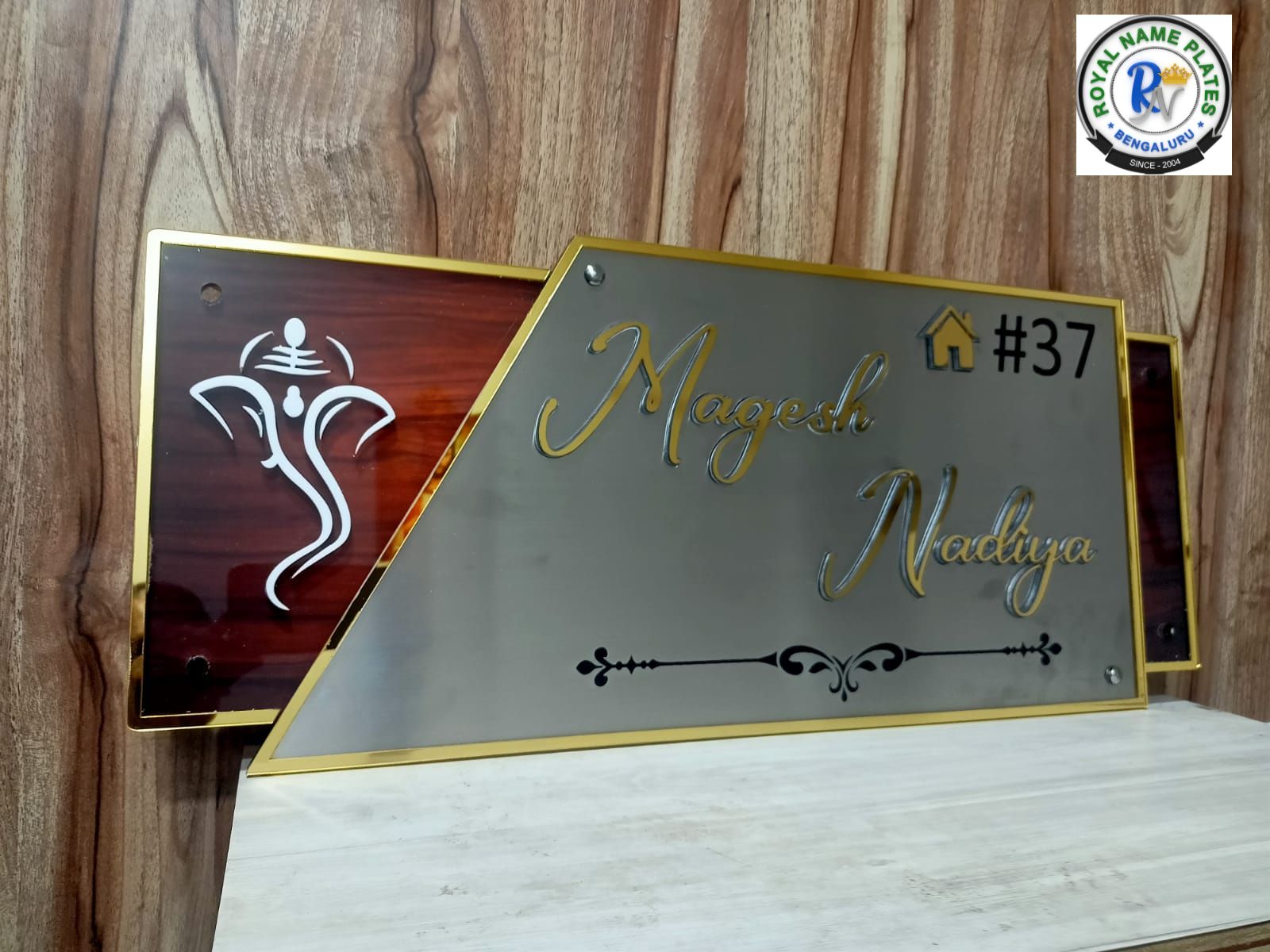 Premium SS House Name Plate with Ganapathi & Golden Accents