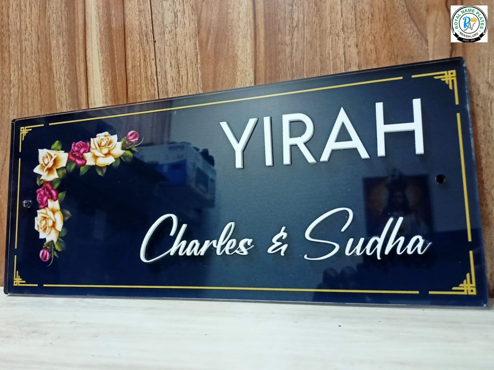 Matte Black Acrylic House Name Plate with Floral Corner Design