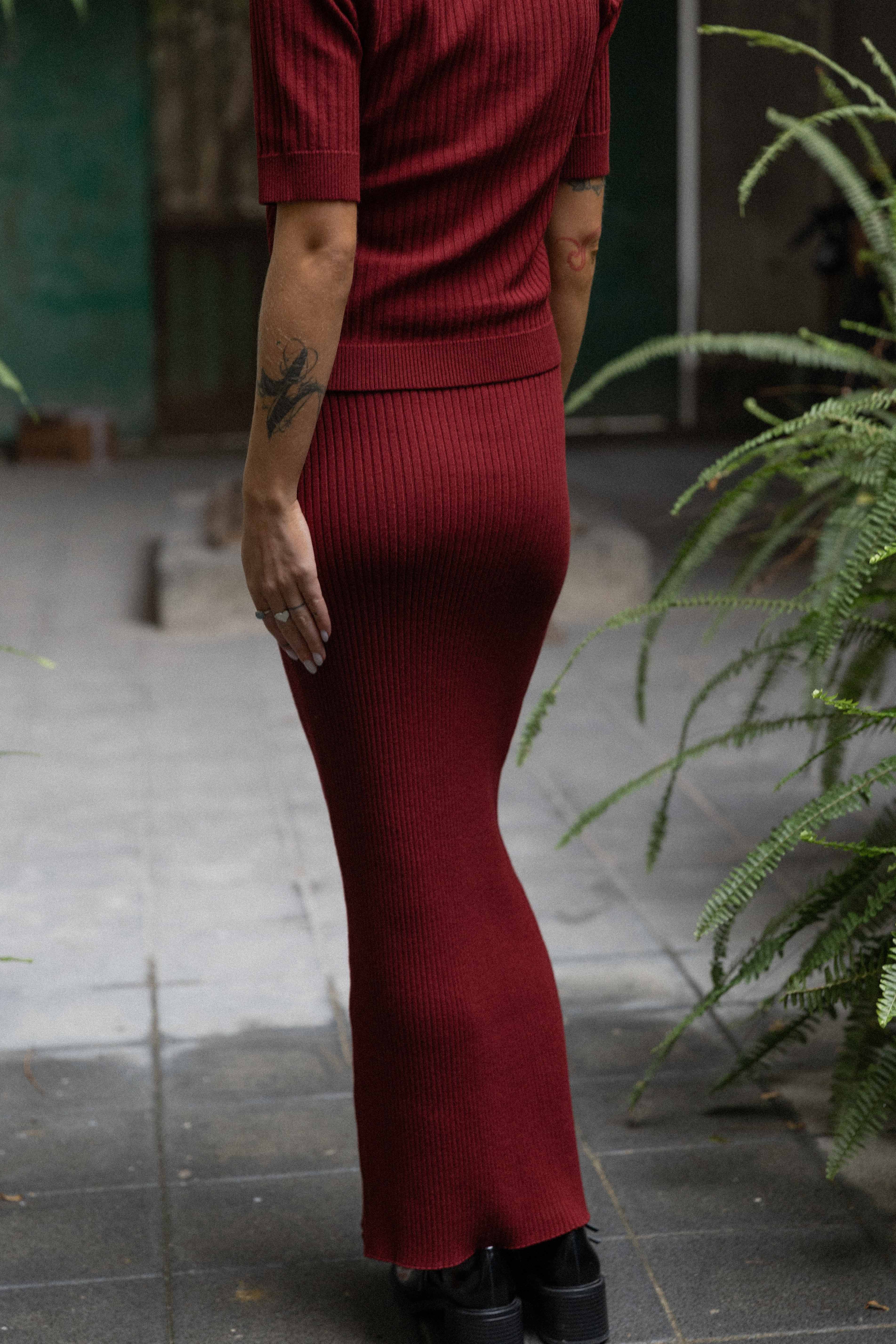 Madonna Ribbed-Knit Midi Skirt Burgundy *REVERSIBLE*