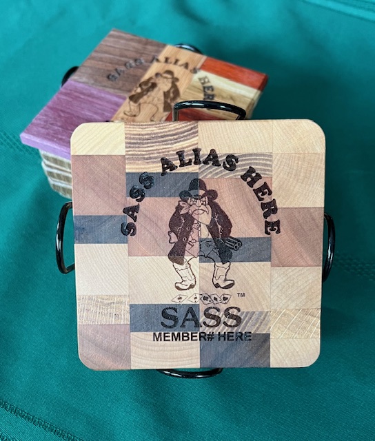 SASS Coaster set of 5 with black wire holder