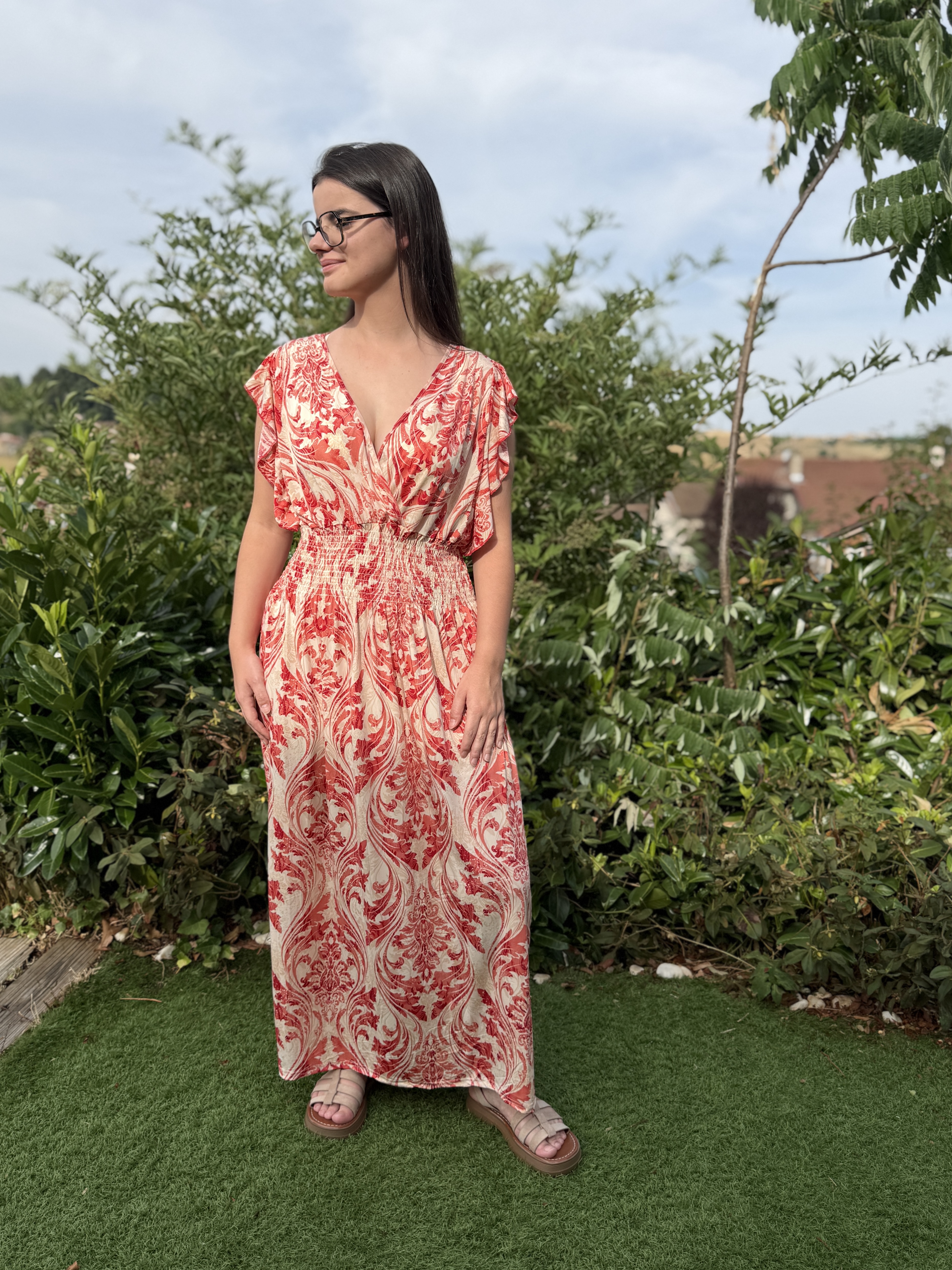 Robe longue bohème rouge et blanche