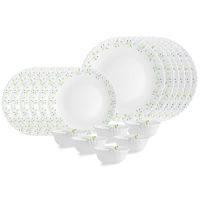 Cello Opalware Dazzle Series Tropical Lagoon Dinner Set, 18 Units | Light-Weight, Daily Use Crockery Set for Dining | White Plate and Bowl Set