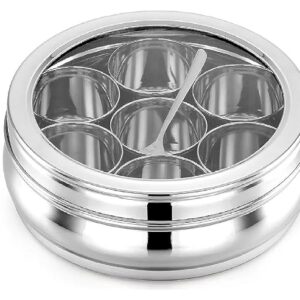 ATROCK Masala Dabba | Masala Box Stainless Steel For Kitchen | Masala Dani | Spice Storage Container (Glass Lid, 1200Ml), Silver