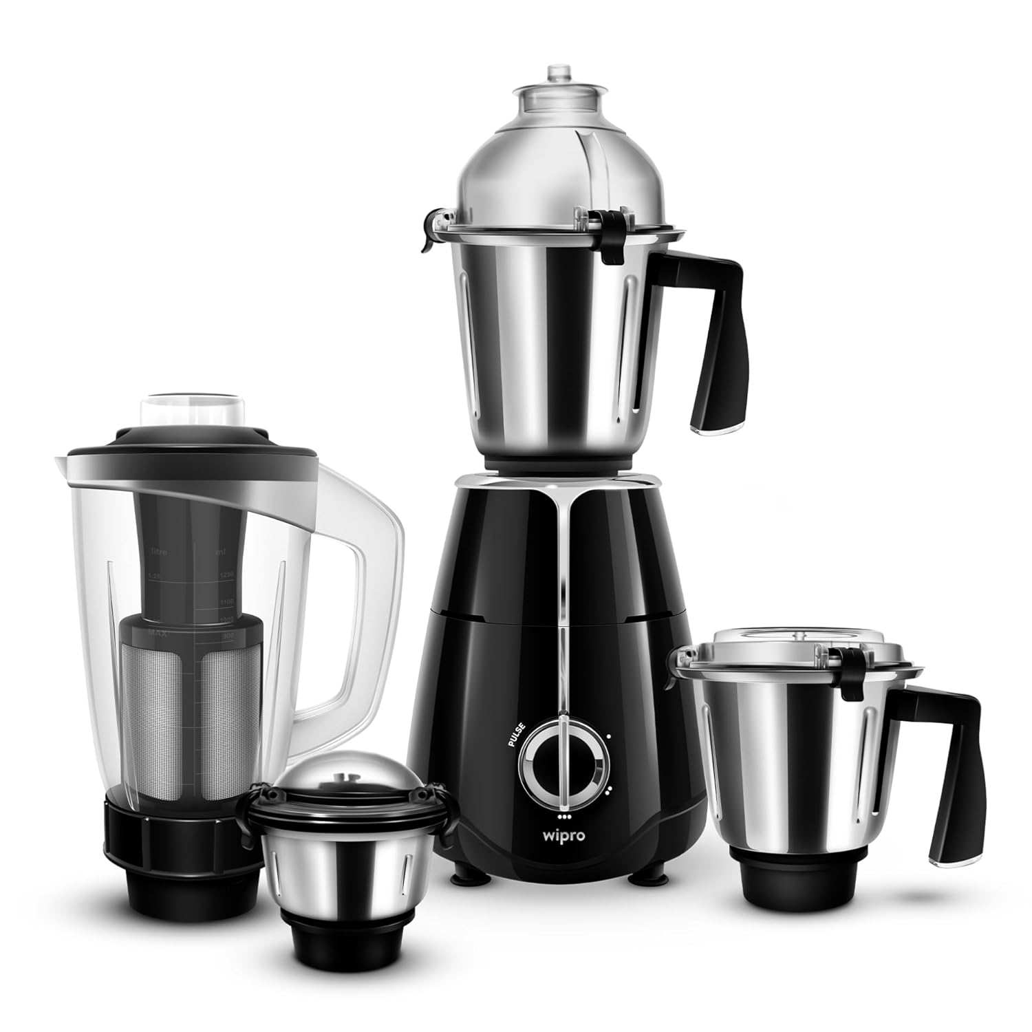  Wipro Elato FMG209 800 Watt Mixer Grinder with 4 Jars,Heavy Duty 100% Copper Ball Bearing Motor with 5 Year Warranty,Superfast Grinding,Clip Lids 