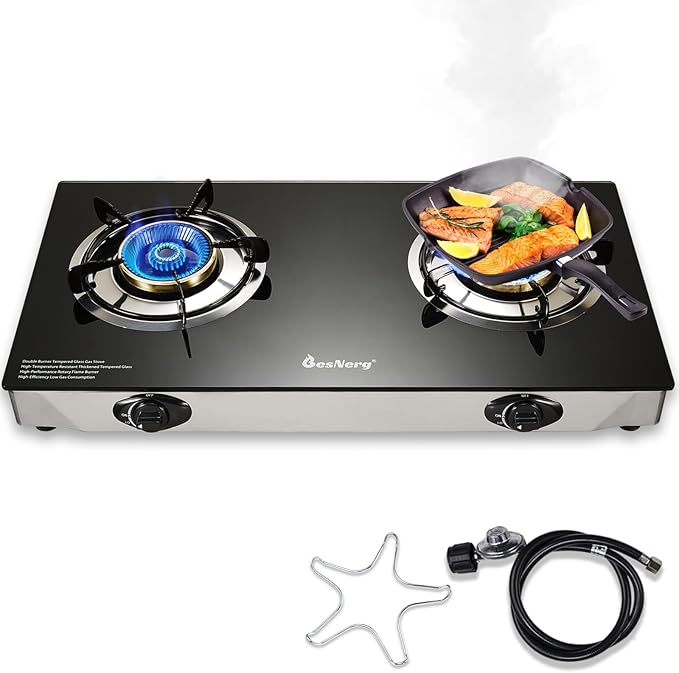 2 burner propane stove two burner, Portable Tempered Glass Auto Ignition Gas Cooktop, Suitable for Outdoor/Camping/RVs