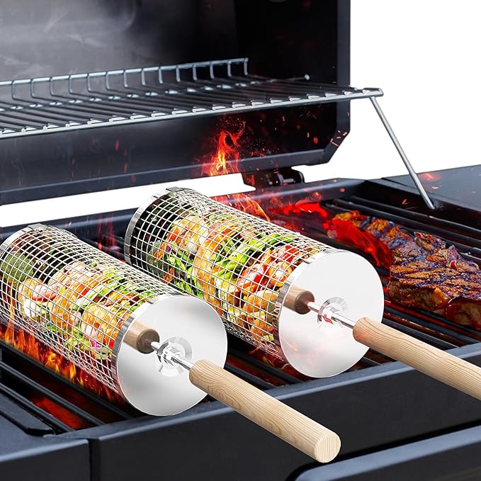 Nesting Grill Baskets (2PCS), Removable Wooden Handle
