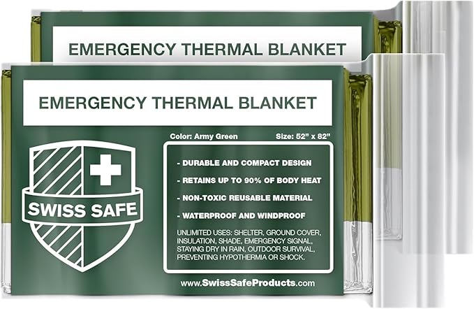 Swiss Safe 2 Pack Mylar Emergency Blankets for Survival - Compact & Insulated for Cold Weather - Designed for NASA, Outdoor, Running, Camping, Survival, First Aid Car Kit