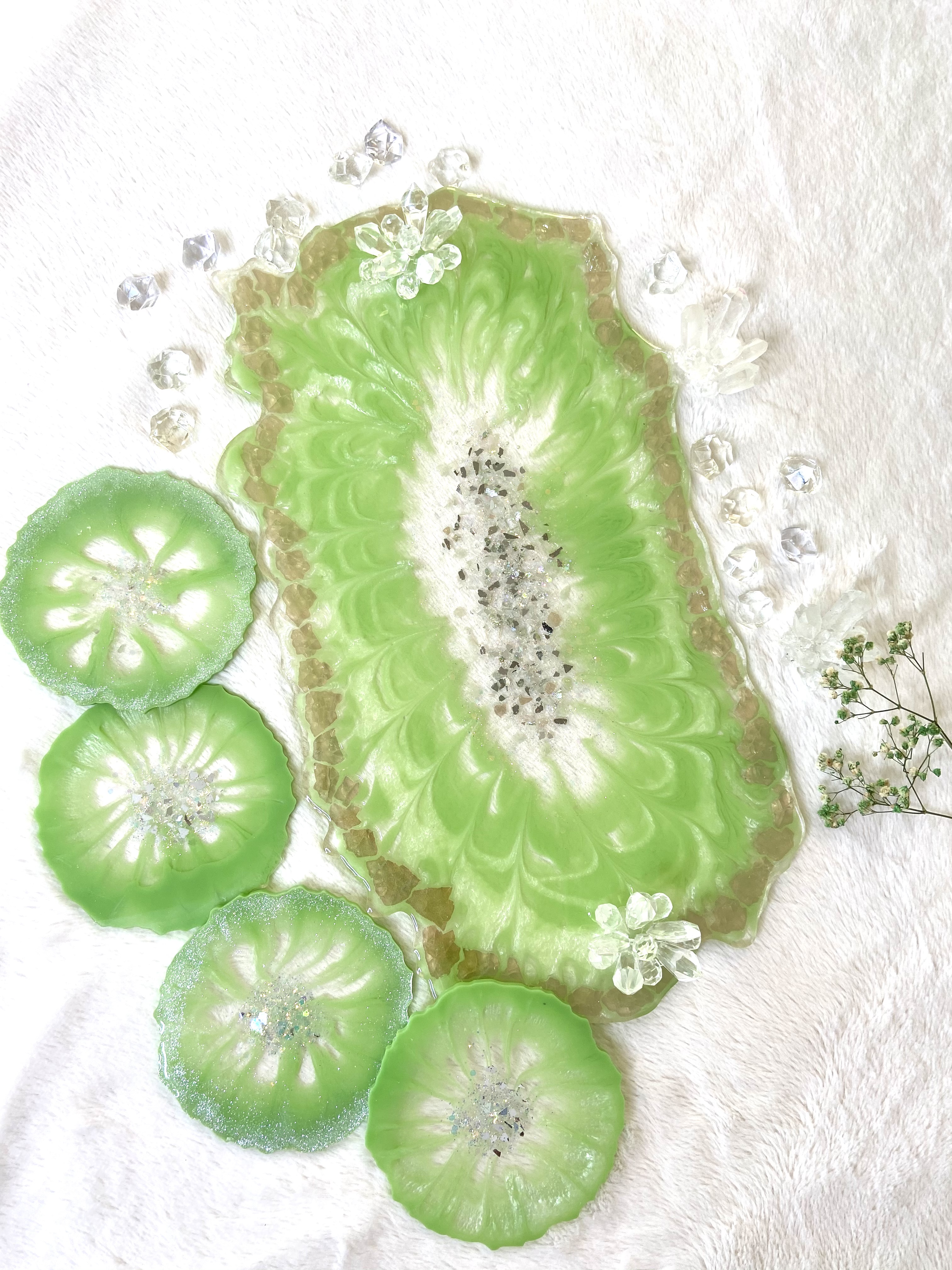 Green Resin Art Coasters and Tray