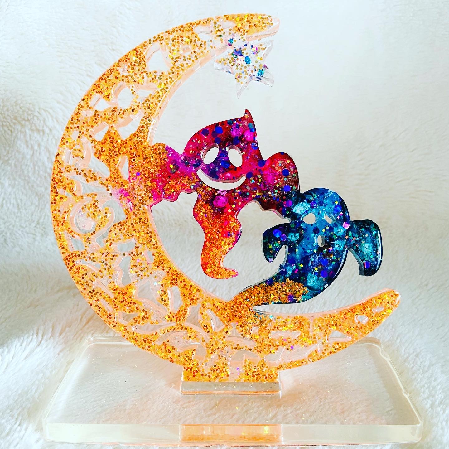 Glittering Moon and Cats Ornament table decor with stand