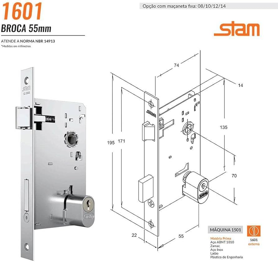 Fechadura Stam Cromada Externa 55mm Espelho - 1601/09 CR