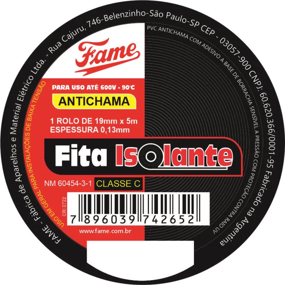 Fita Isolante de 19mm x 20m Fame 