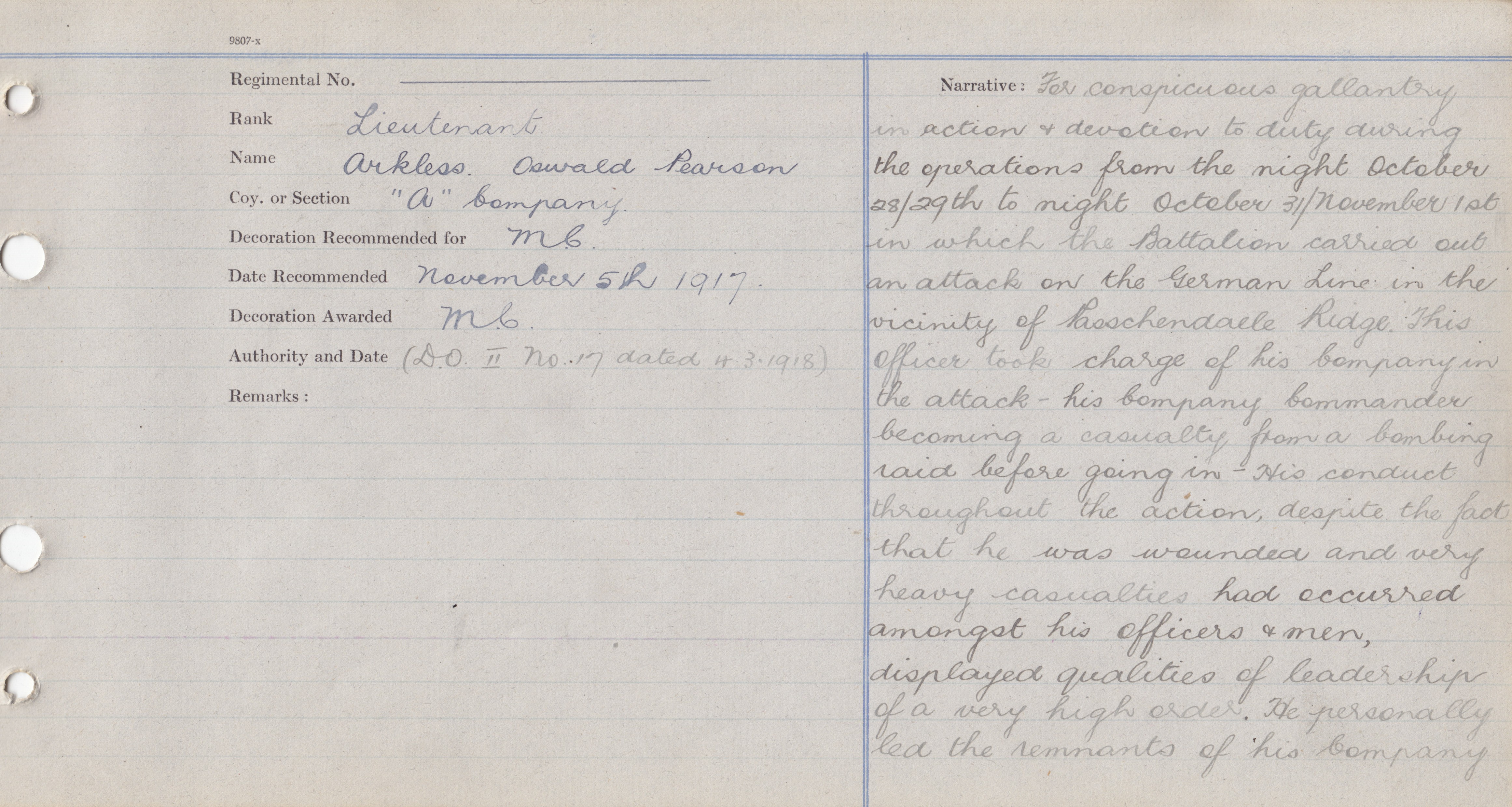 Captain Oswald P. Arkless MC
