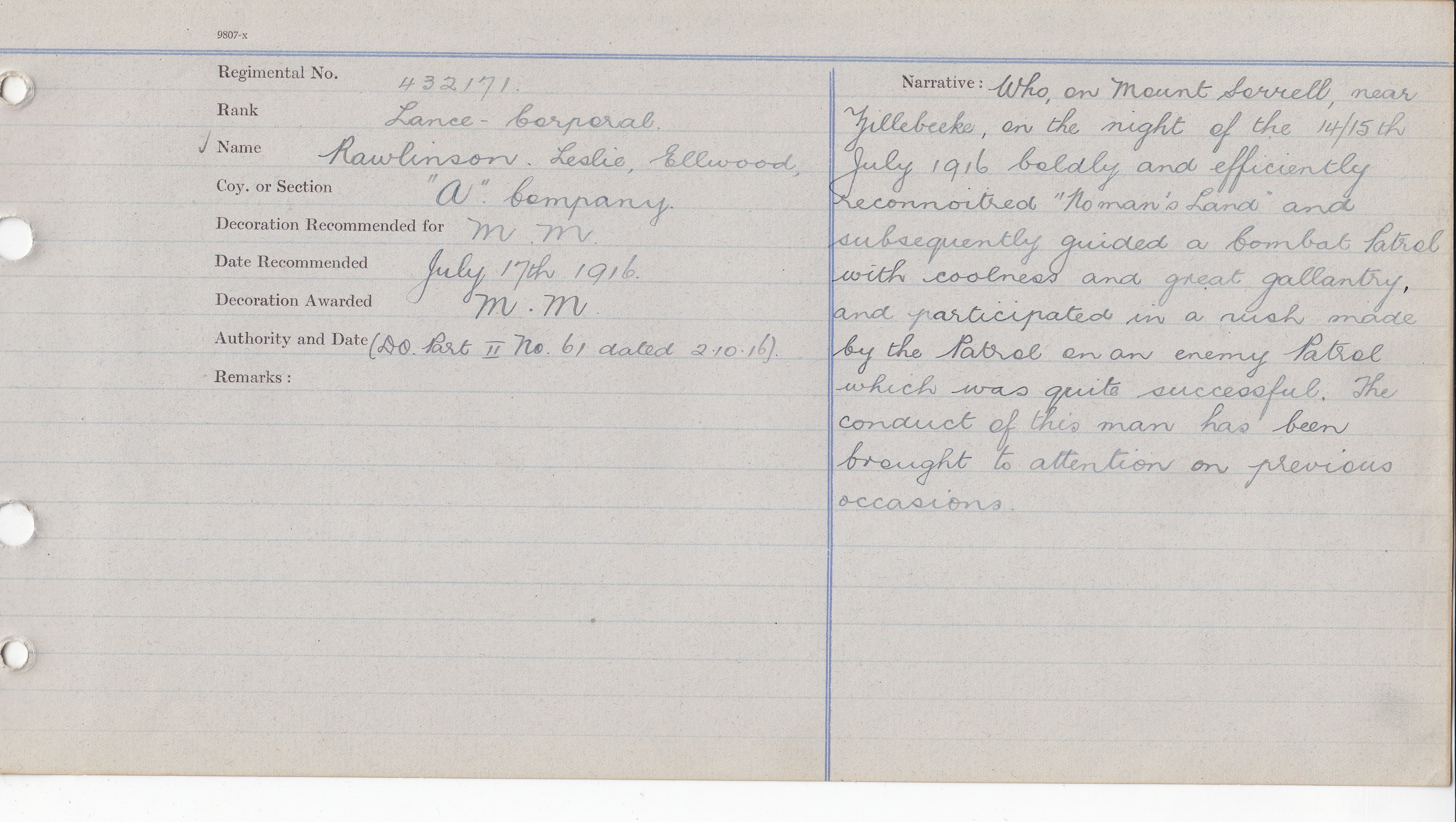 Captain Leslie E. Rawlinson MM