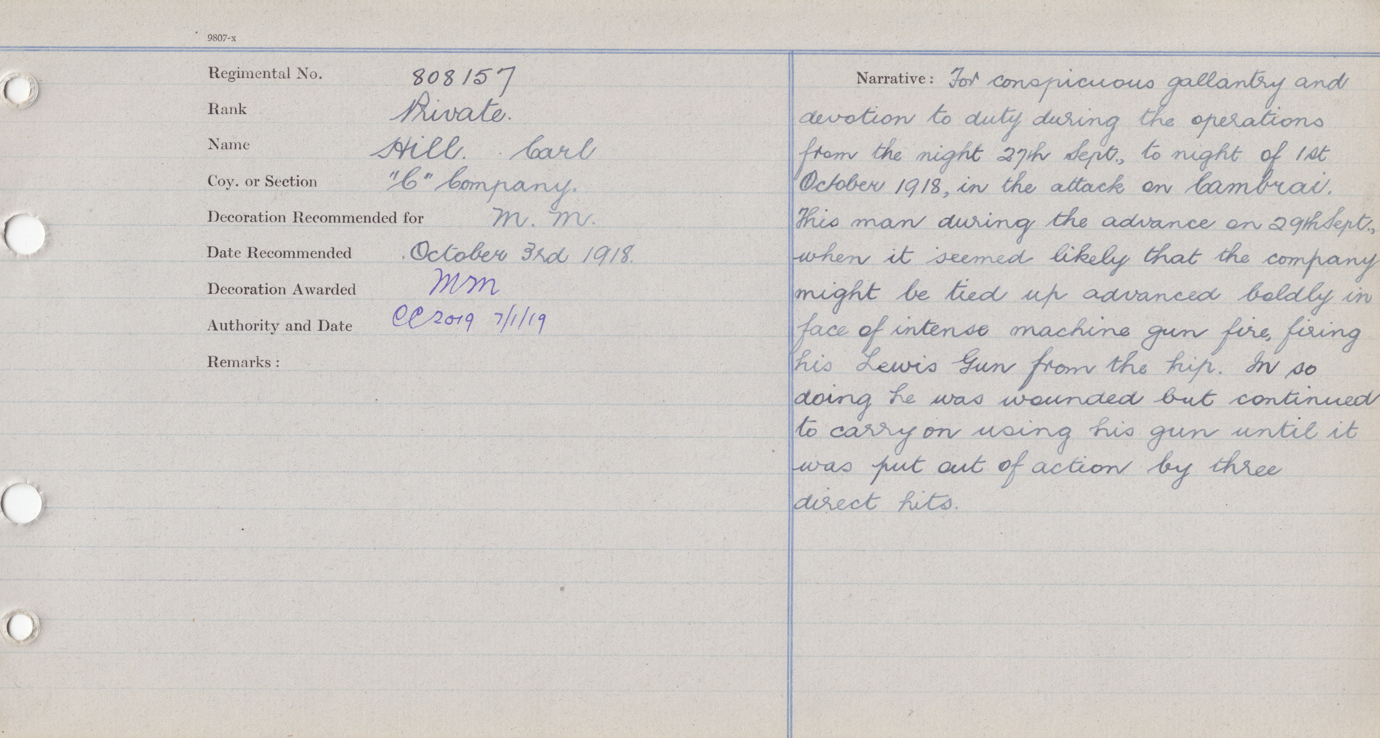 808157 Private Carl Hill MM
