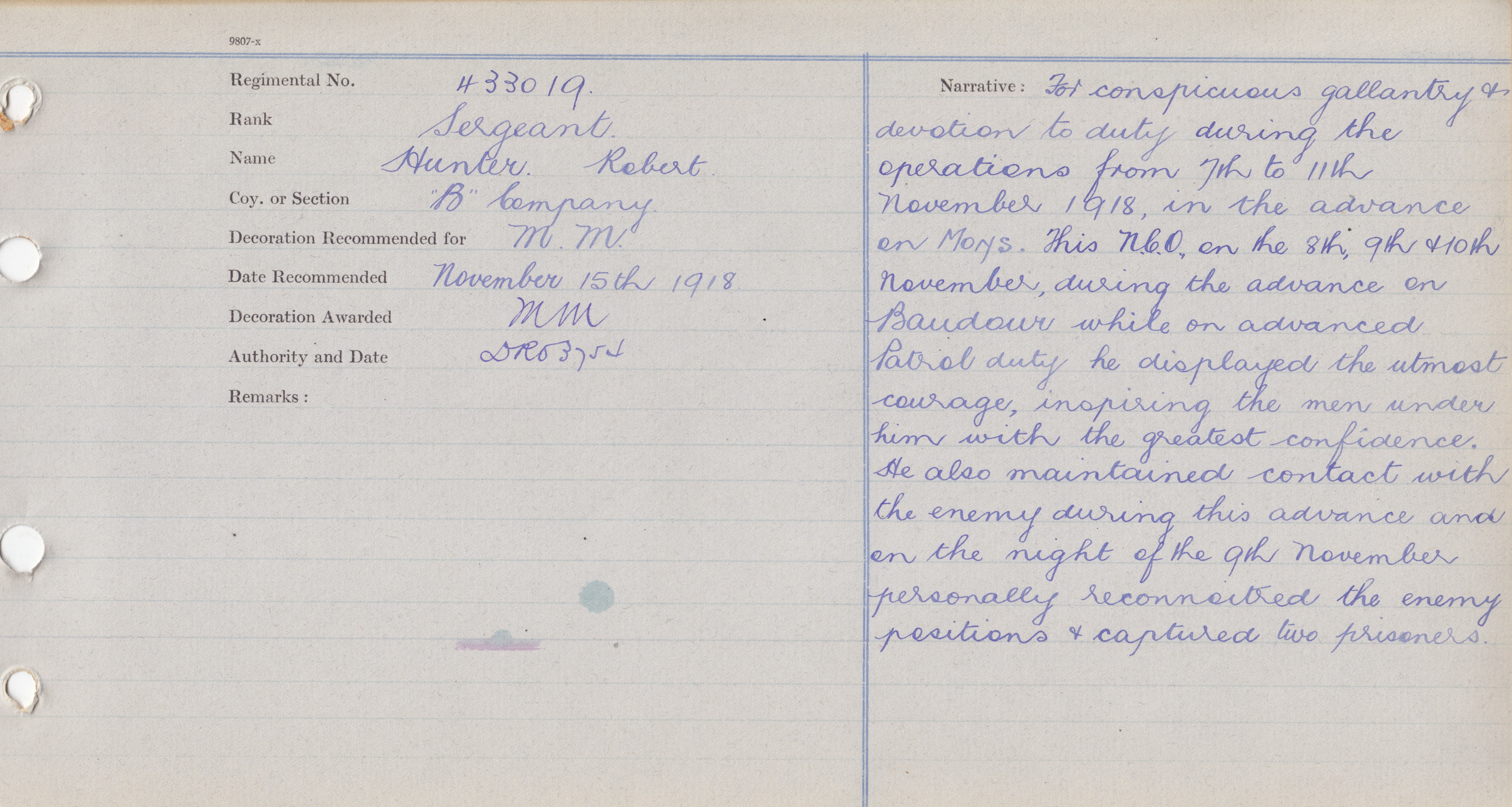 433019 Sergeant Robert Hunter MM