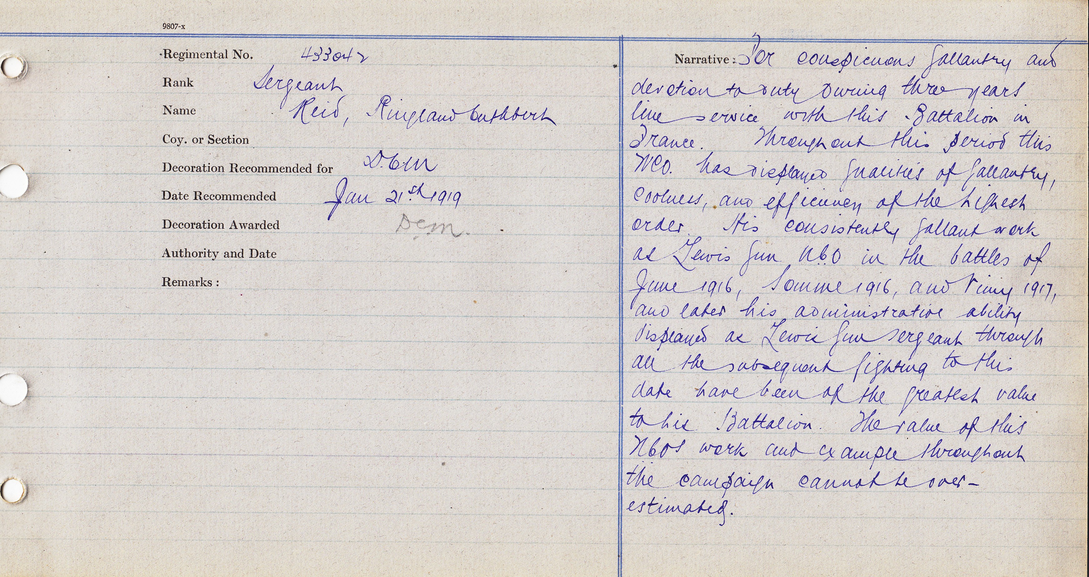 433042 Sergeant Ringland C. Reid DCM