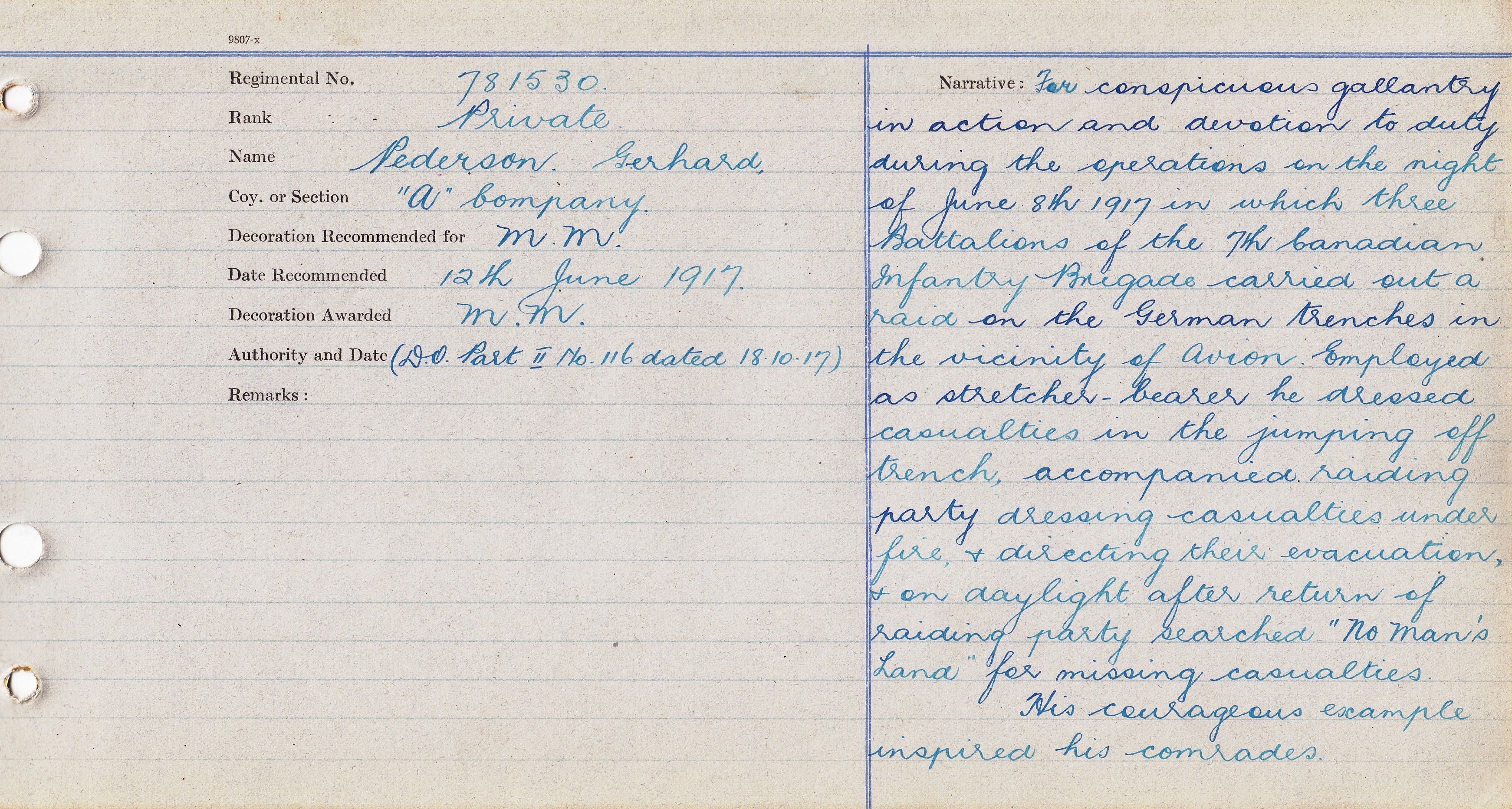 781530 Private Gerhard Pederson MM & Bar