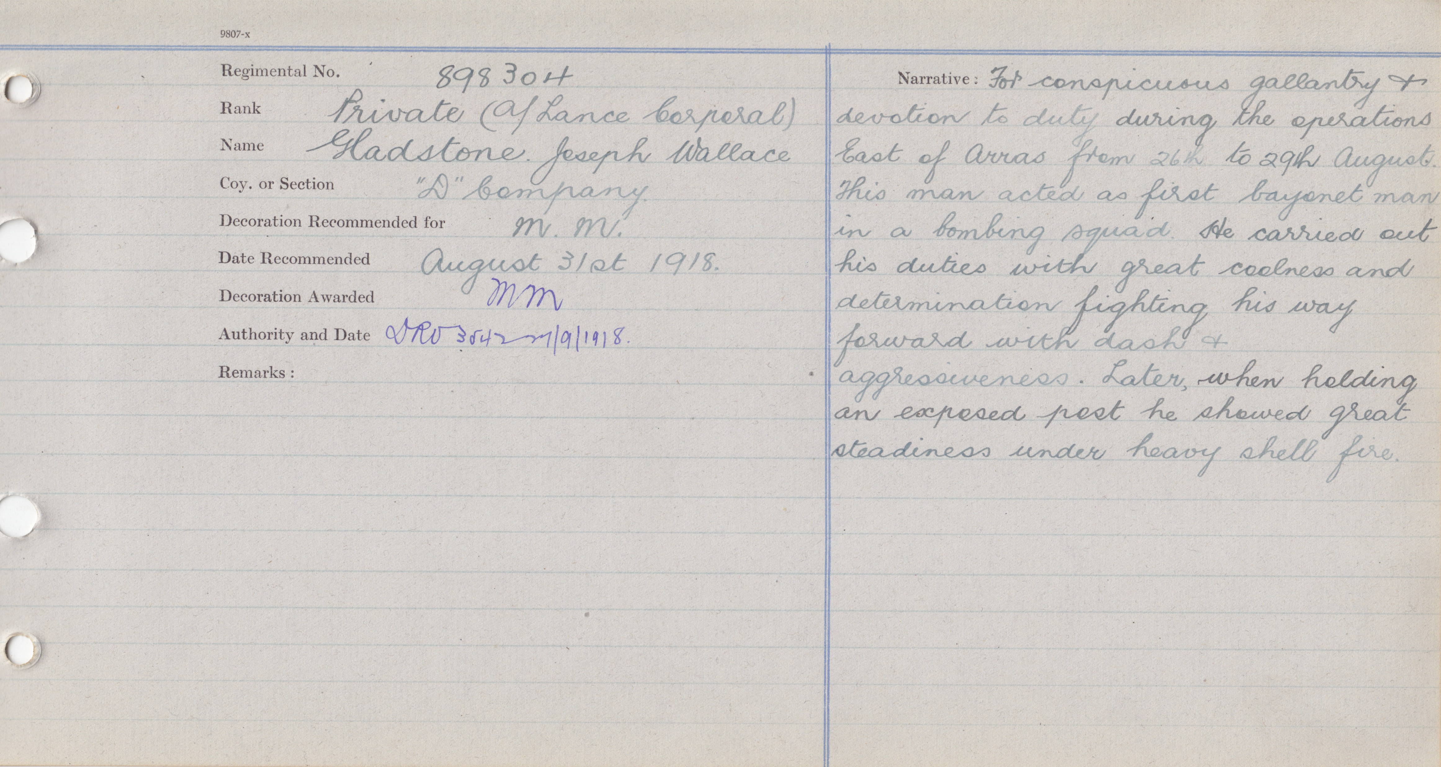 898304 Lance Sergeant Joseph W. Gladstone MM BEM