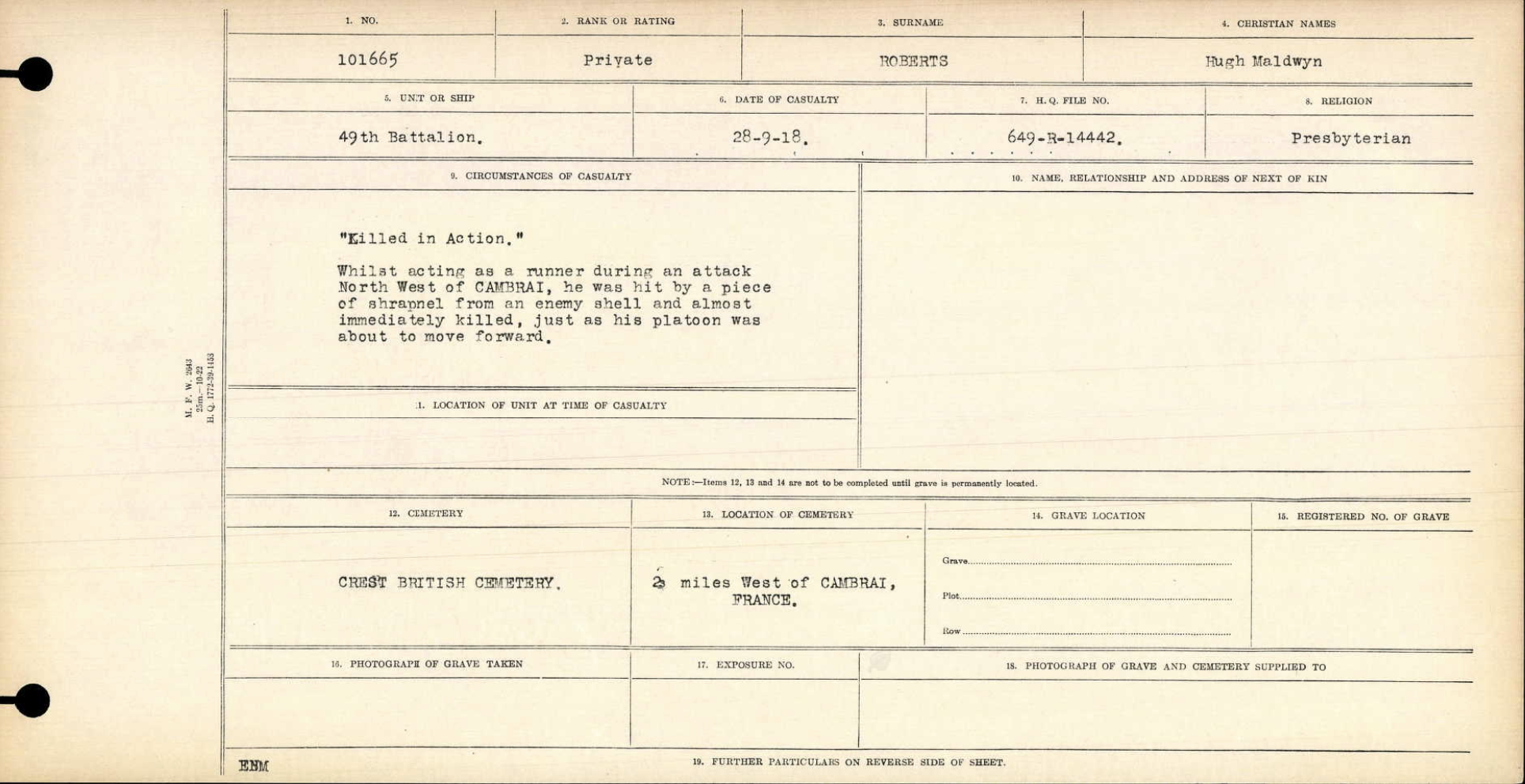 101665 Private Hugh M. Roberts