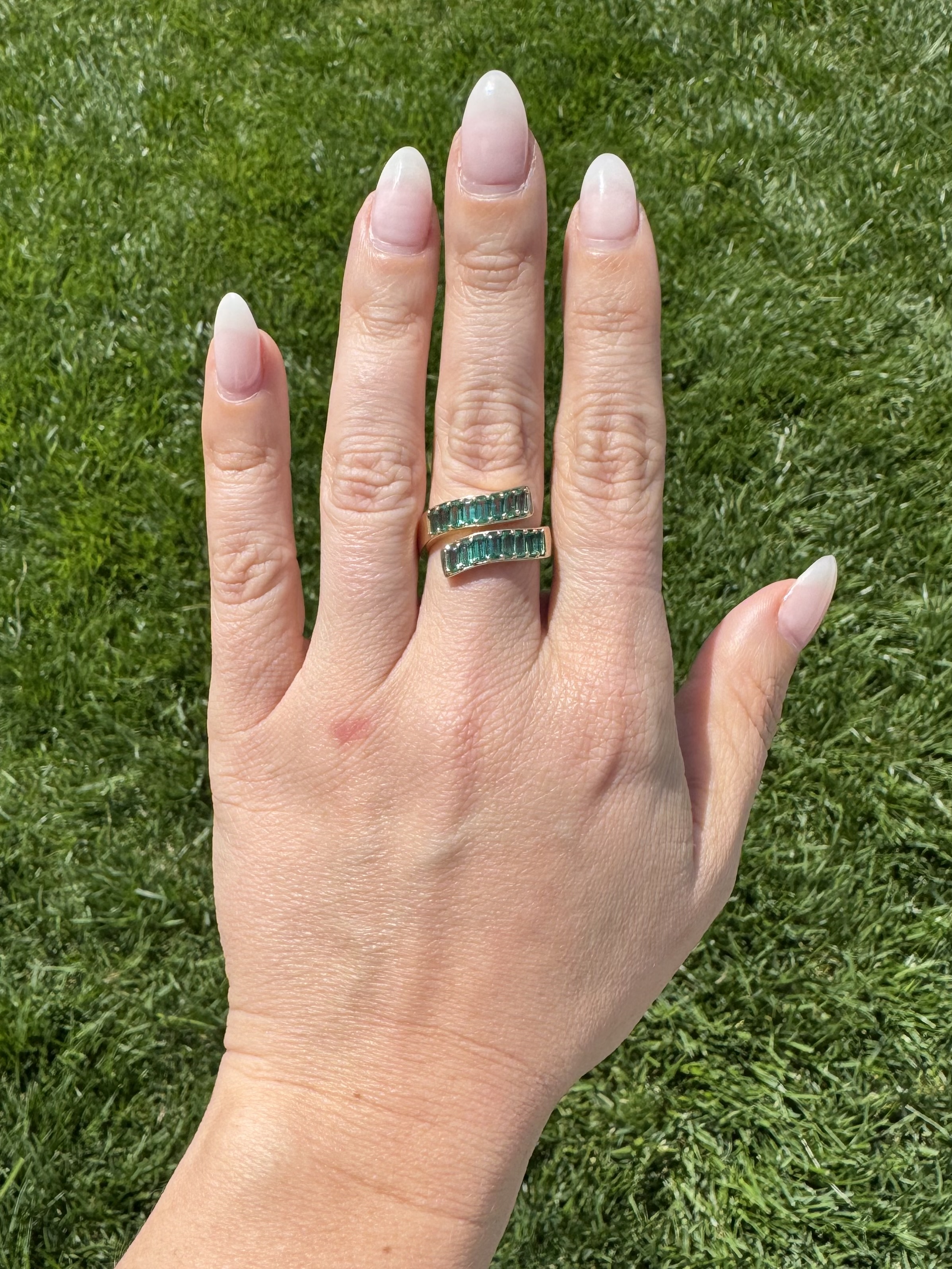 Zambia Green Emerald & 14k Gold Stacked Baguette Ring