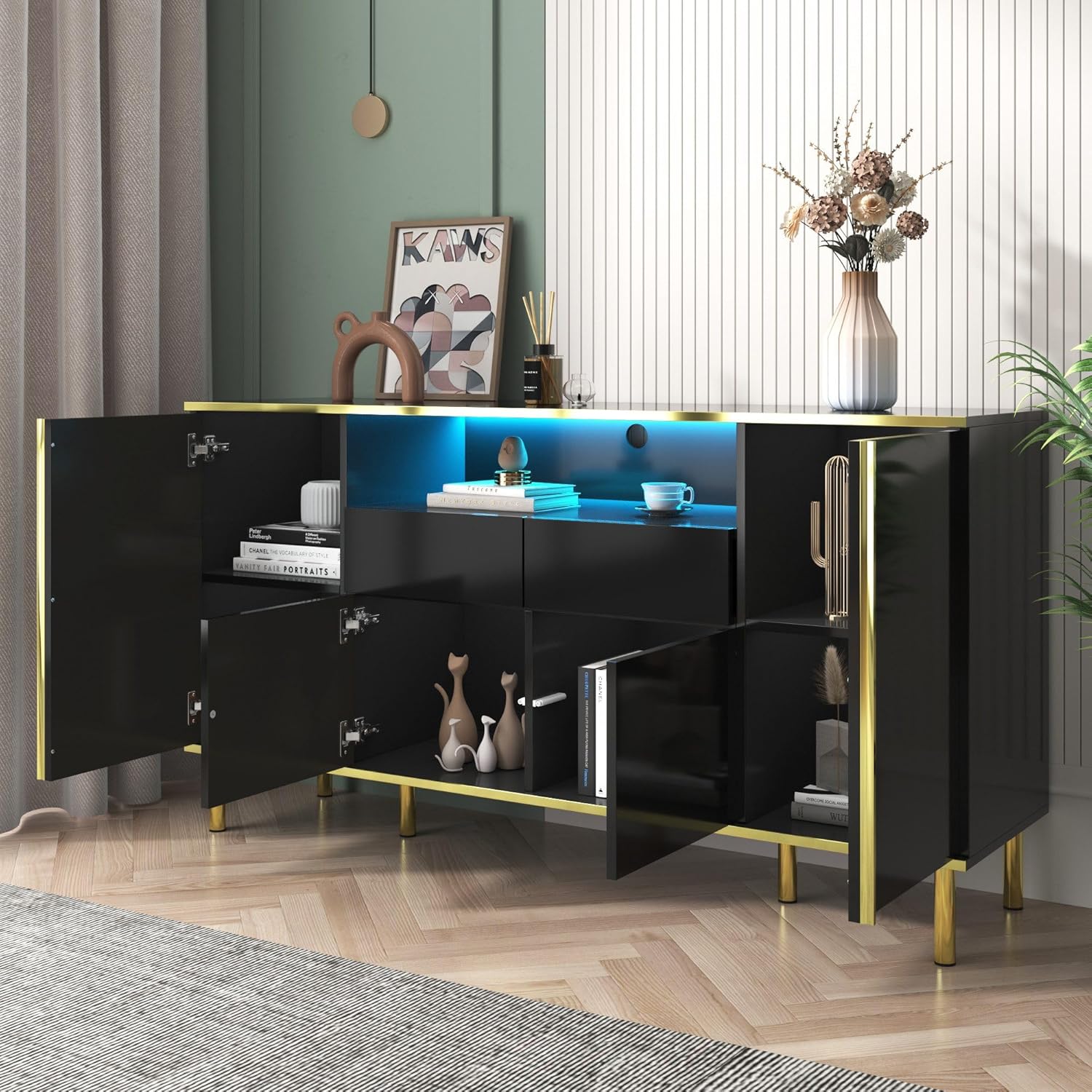 Elegante hochglänzende Schubladen Kommode mit LED-Beleuchtung  ||  Elegant high-gloss chest of drawers with LED lighting